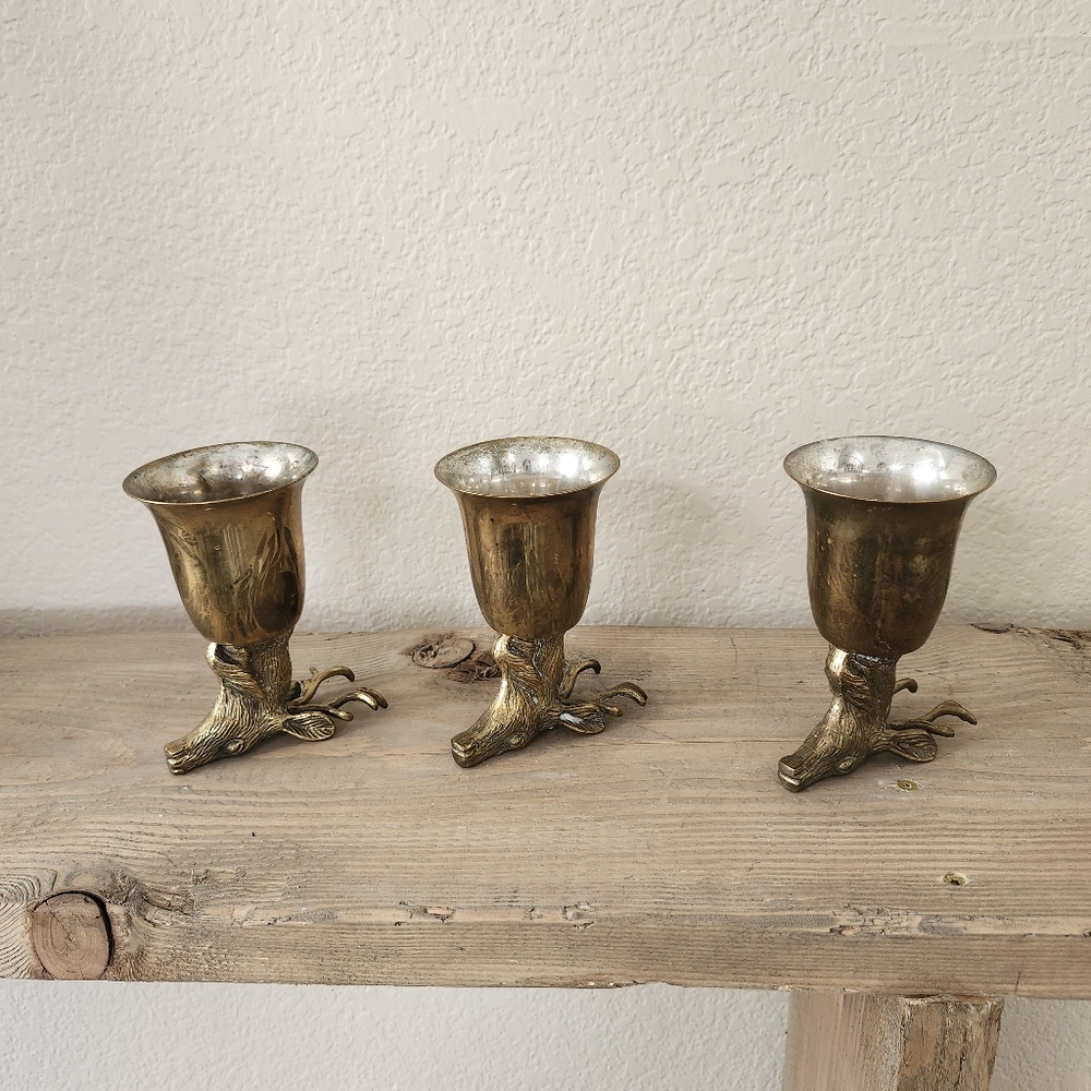 Set of 3 Vintage Early 20th Century German Silverplated Brass Deer Head Goblets - Picture 8 of 12